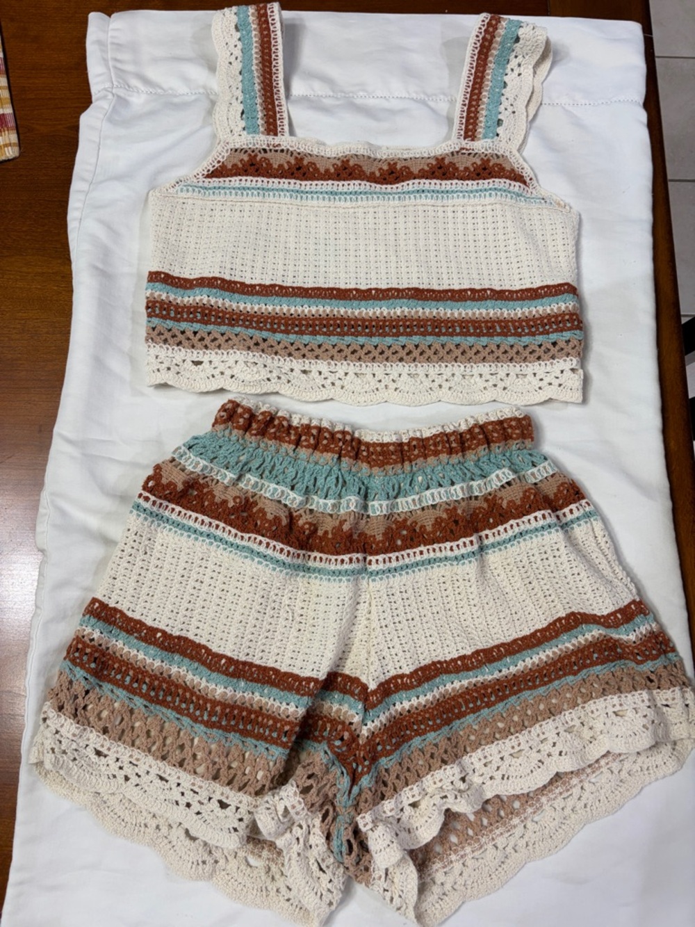 Rebellion Crocheted Two-Piece High-Waist Shorts Set - Cream, Brown & Teal